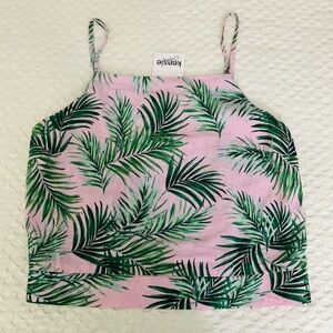 NWT Kensie Banana Leaf Pink Combo Linen Blend Crop Top Green and Pink